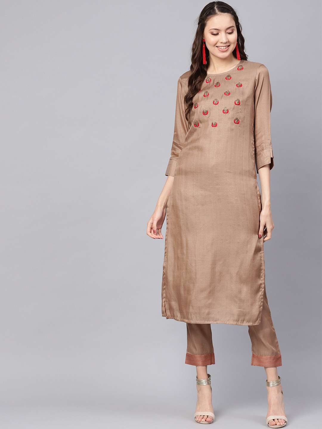 Buy Inddus Women Brown Yoke Design Kurta With Trousers Kurta Sets for