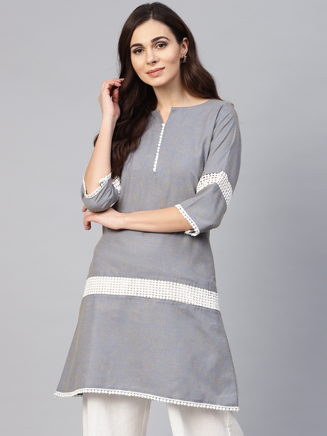 Buy Inddus Women Grey Handloom Solid A Line Kurta - Kurtas for Women ...