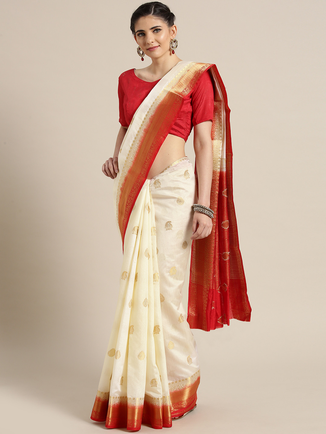 Buy Saree Mall Cream Coloured & Red Woven Design Saree Sarees for