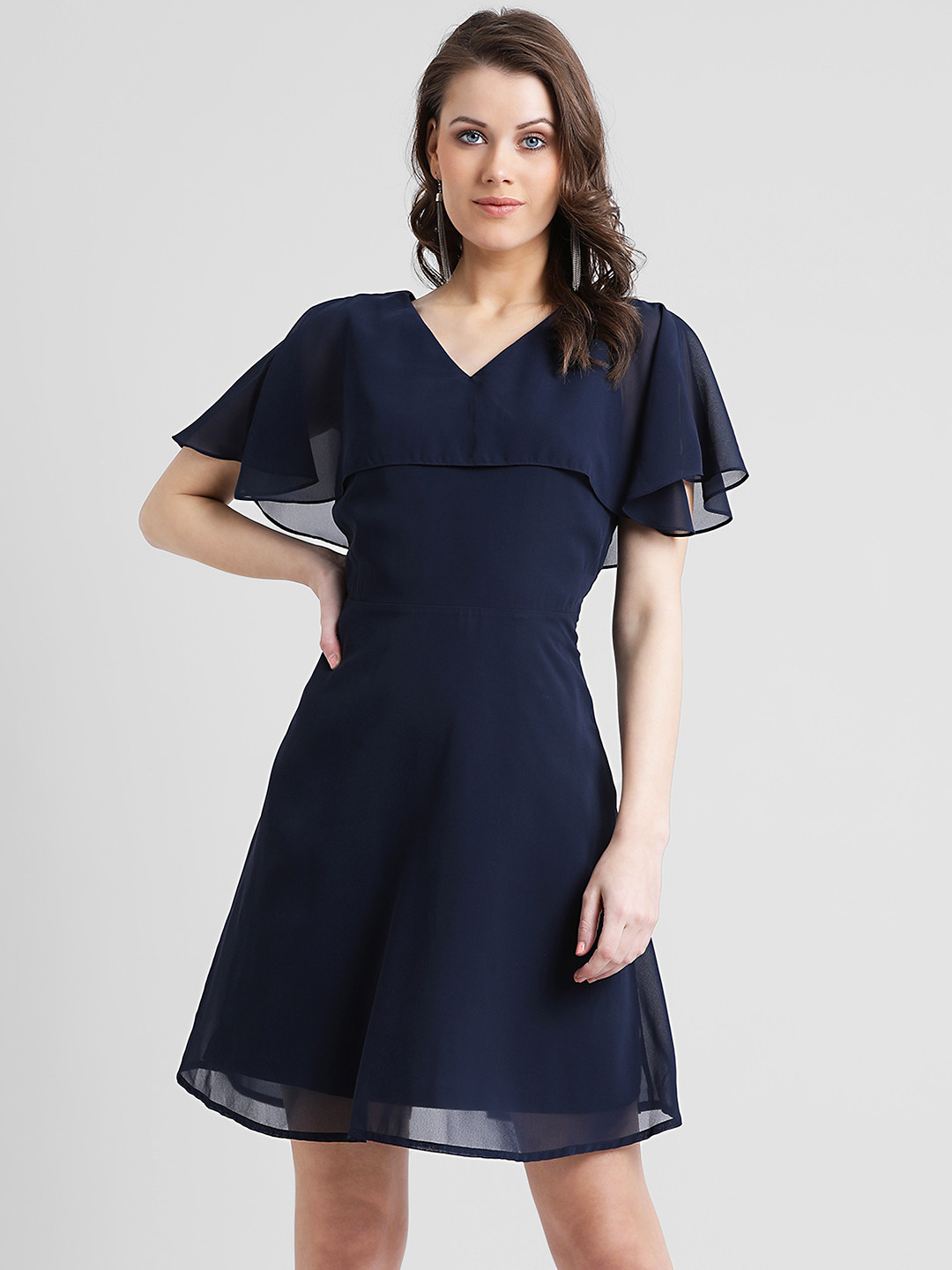 Buy Zink London Women Navy Blue Solid Fit And Flare Dress Dresses for