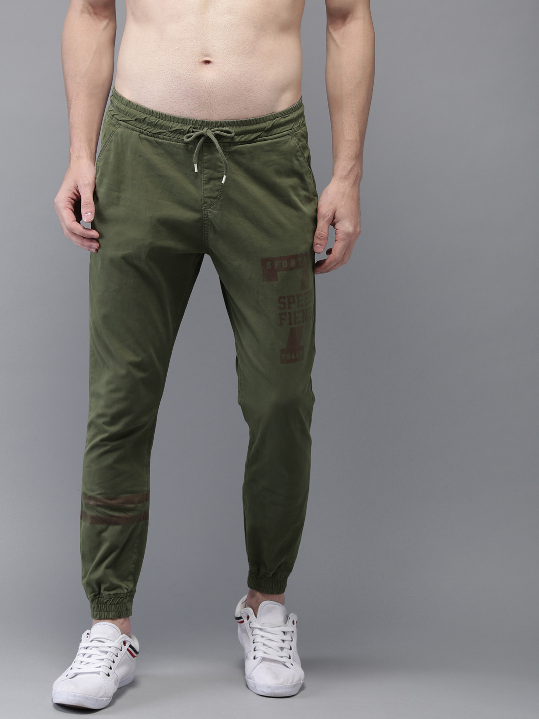 Buy HERE&NOW Men Olive Green Regular Fit Solid Joggers Trousers for