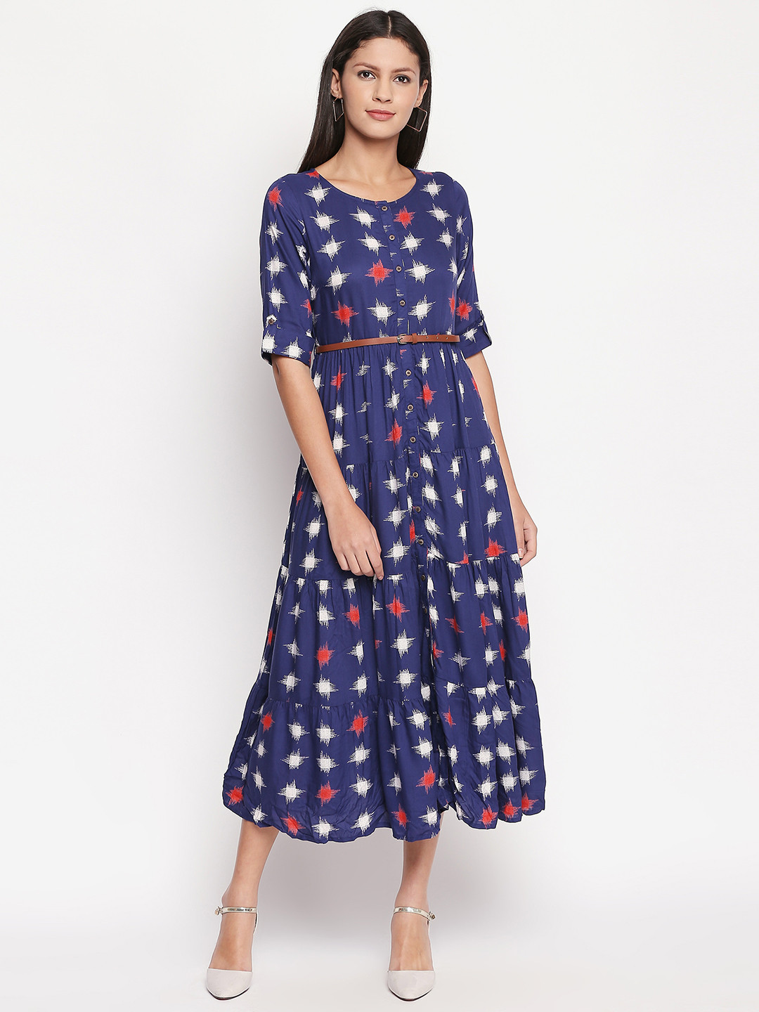 Buy AKKRITI BY PANTALOONS Women Navy Blue & White Printed A Line Dress