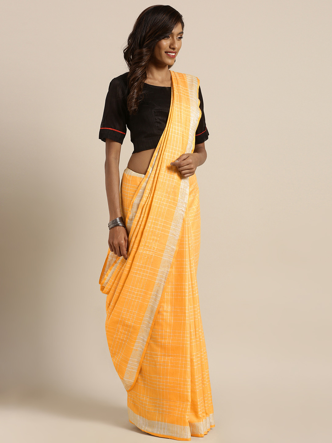 Buy KALINI Women Yellow Checked Saree Sarees for Women 9774713 Myntra