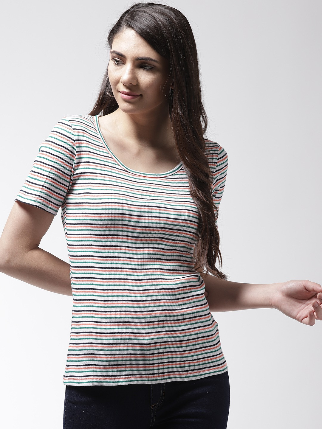 Buy Marks Spencer Women White Green Striped Pure Cotton T Shirt