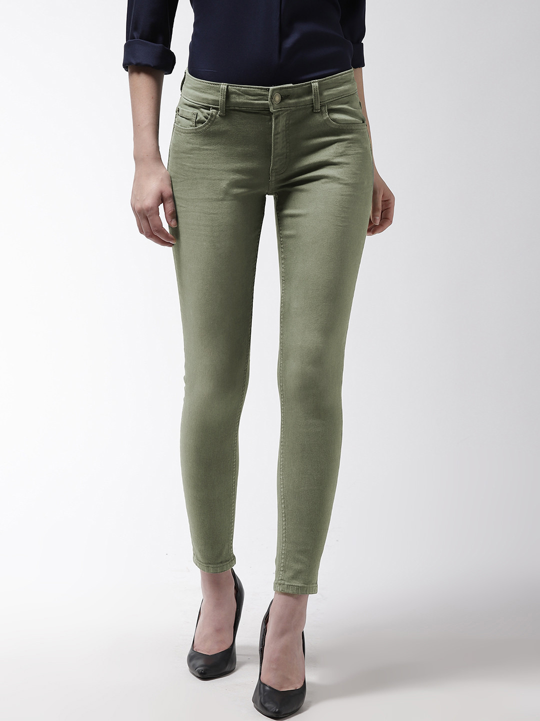 Buy Marks & Spencer Women Olive Green Skinny Fit Mid Rise Clean Look