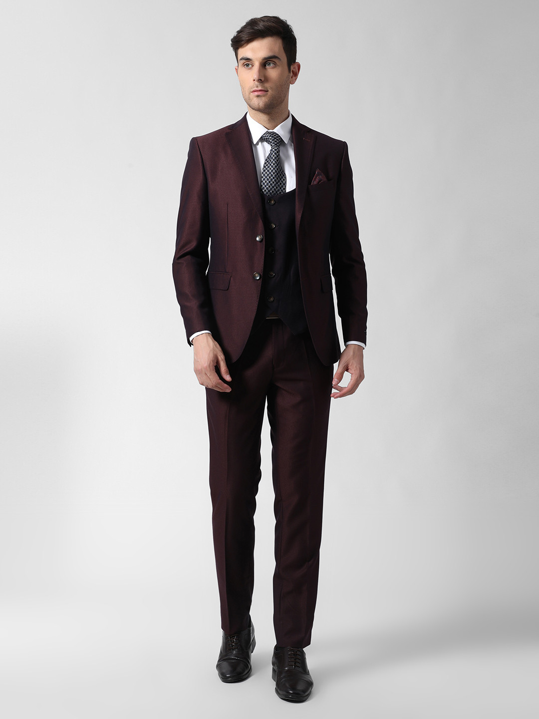 Buy Peter England Maroon & Purple Self Design Slim Fit Single Breasted
