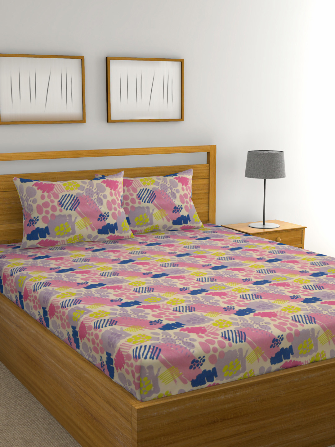 Buy Raymond Home Beige & Pink Abstract 104 TC Cotton 1 Queen Bedsheet