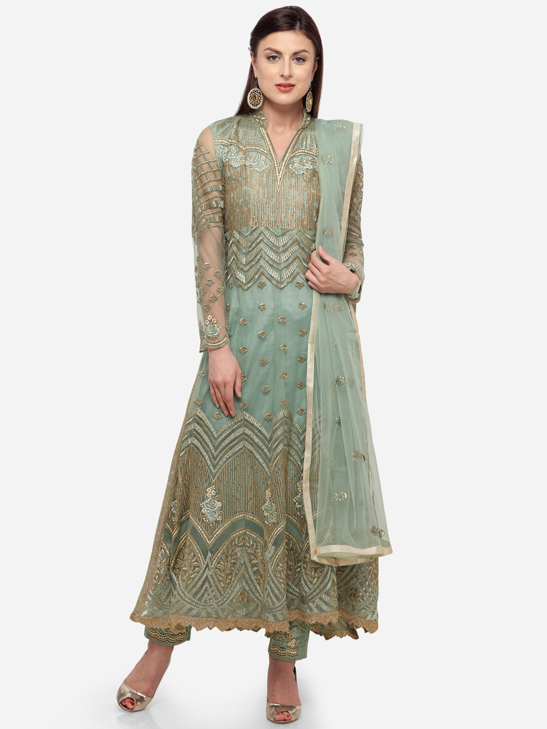 Buy Stylee LIFESTYLE Teal Green Polyester Semi Stitched Dress Material