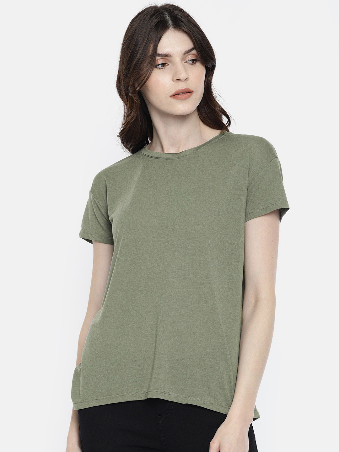 Buy ONLY Women Olive Green Solid Loose Fit T Shirt Tshirts for Women