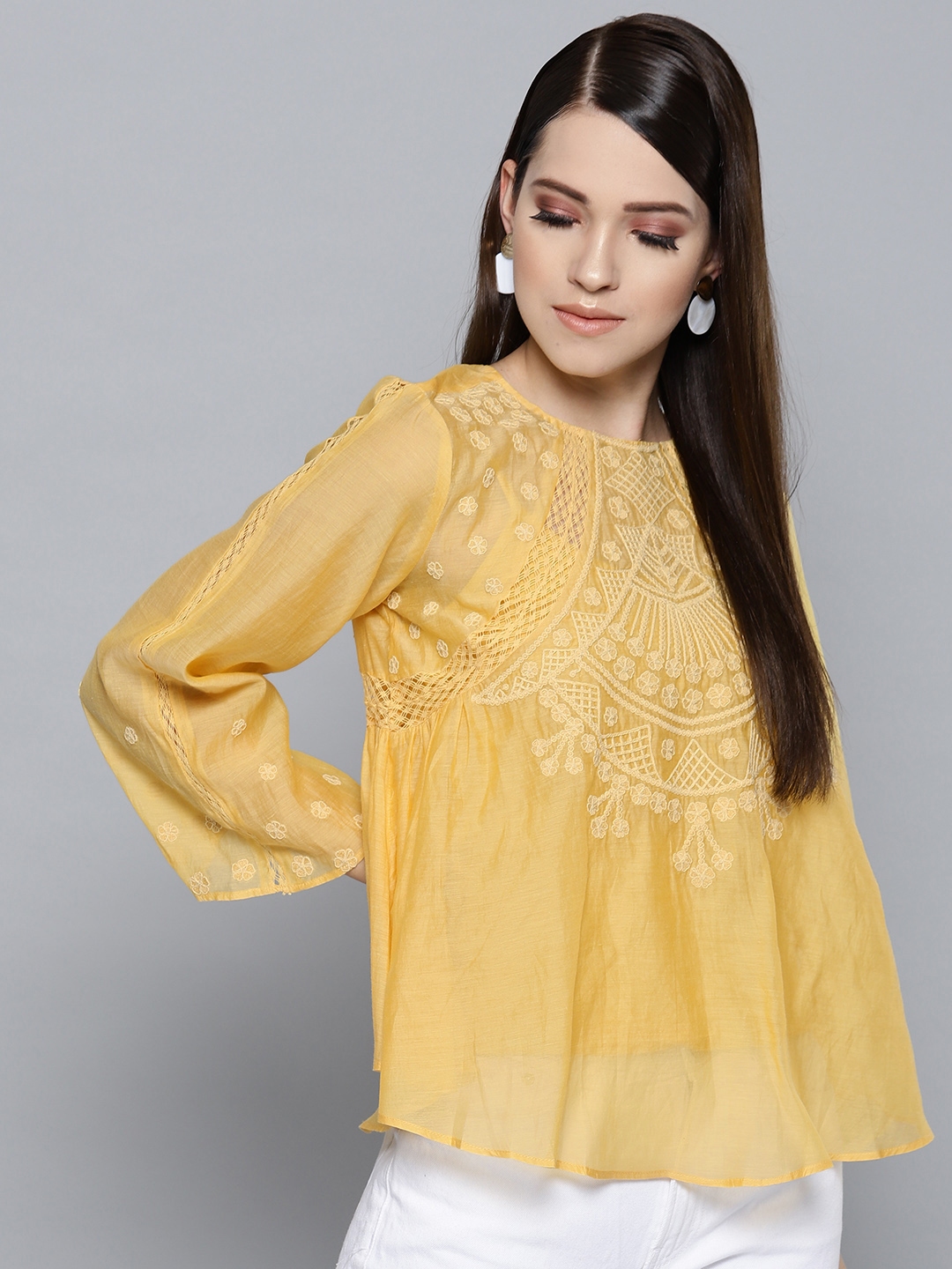 Buy Label Ritu Kumar Women Yellow Embroidered A Line Top - Tops for ...