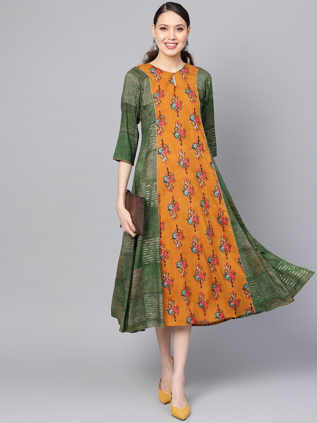 Buy Juniper Women Mustard Yellow & Green Printed A Line Dress - Ethnic ...