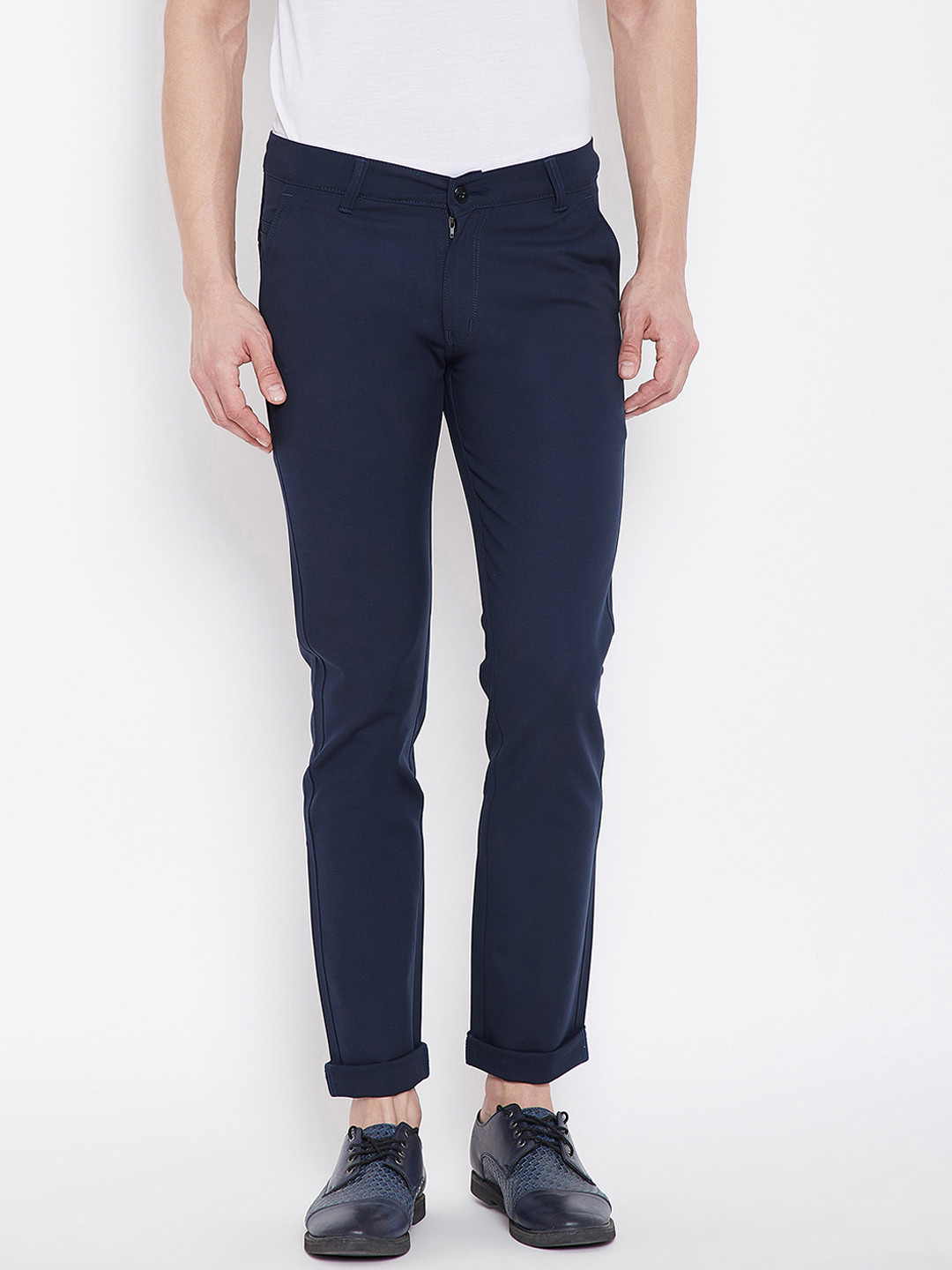 Buy Nation Polo Club Men Navy Blue Skinny Fit Solid Regular Trousers