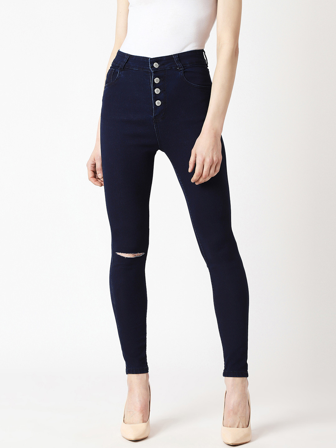 Buy Miss Chase Women Navy Blue Skinny Fit High Rise Slash Knee Jeans