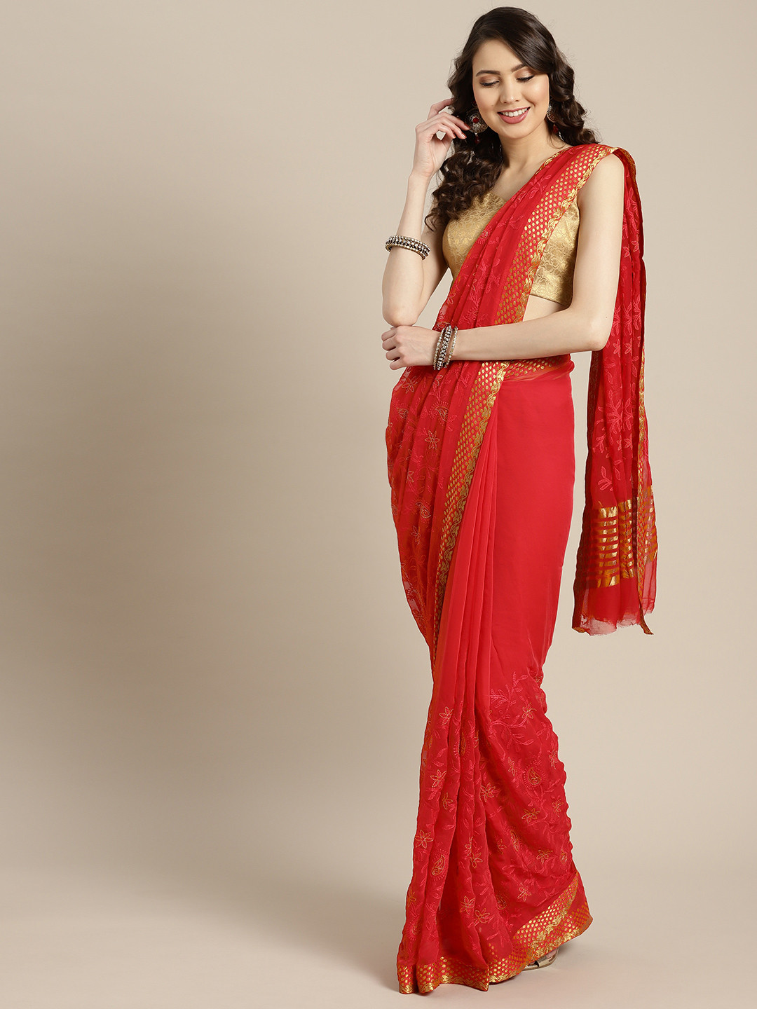 Buy Geroo Jaipur Red Solid Pure Chiffon Embroidered Saree Sarees for