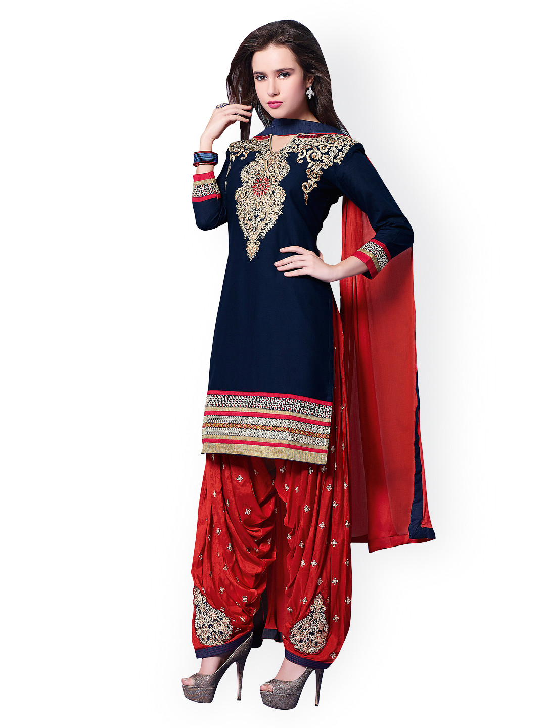 Buy Kvsfab Navy & Red Embroidered Cotton Unstitched Dress Material