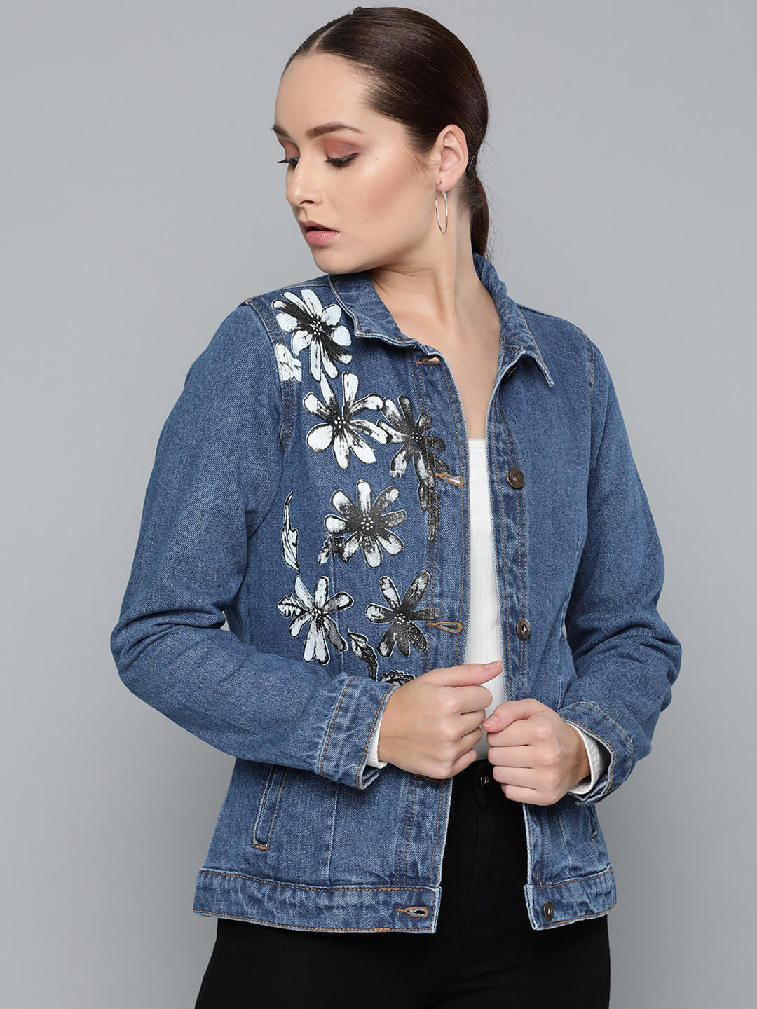Buy Chemistry Edition Women Blue & White Printed Denim Jacket - Jackets for Women 9855325 | Myntra