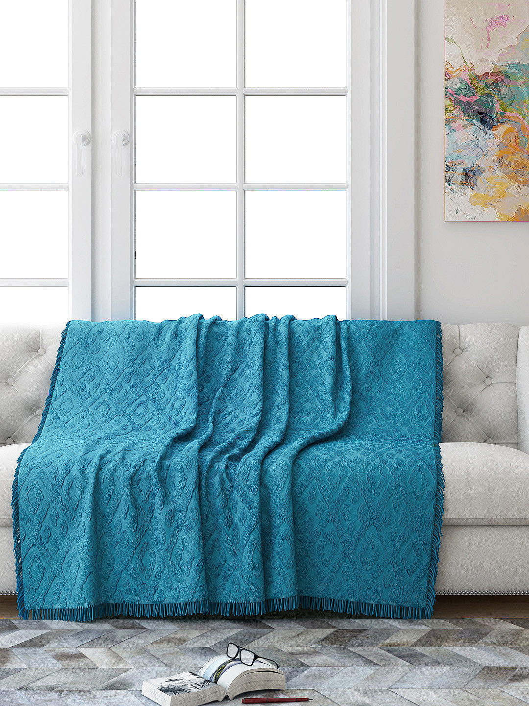 Buy Saral Home Turquoise Blue Geometric 3 Seater Sofa ...