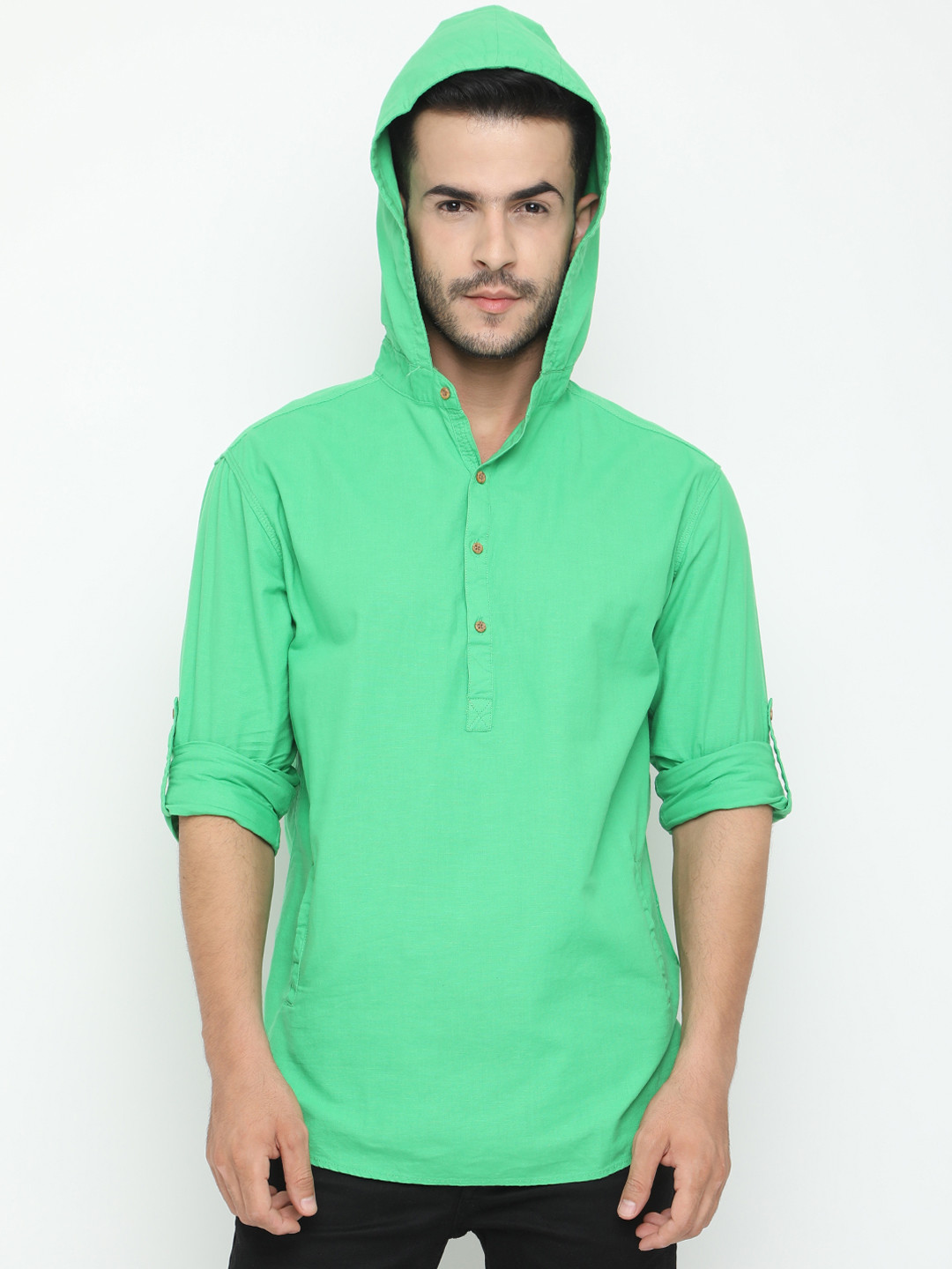 Buy WITH Men Green Slim Fit Solid Casual Hooded Shirt Shirts for Men