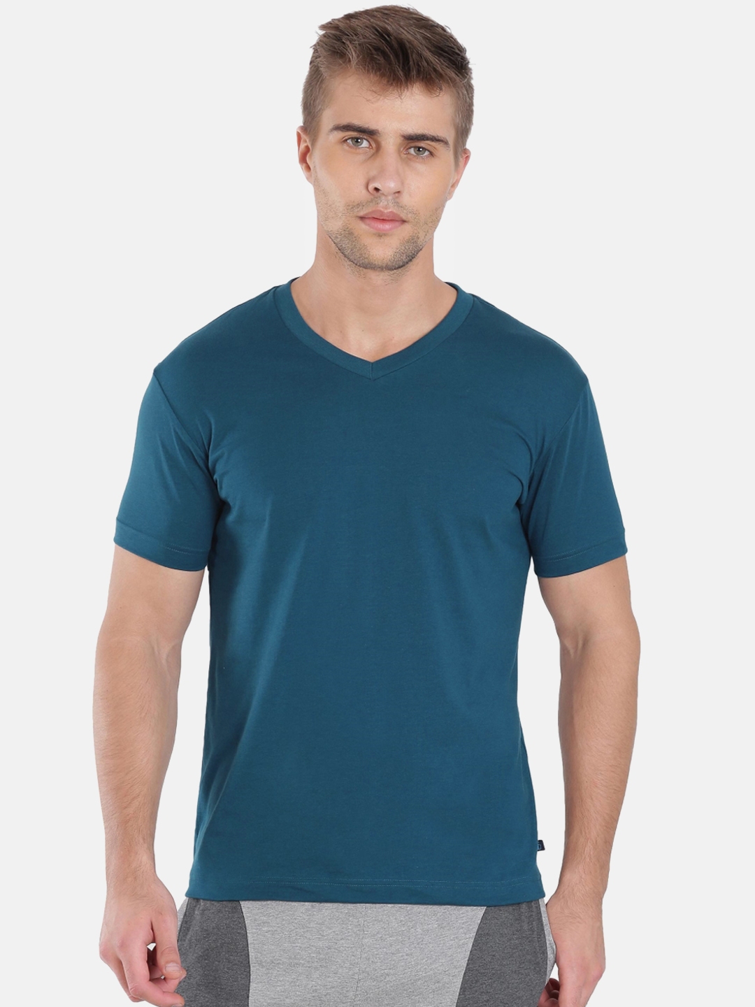 Buy Jockey Men Teal Blue Solid V Neck Pure Cotton T Shirt - Tshirts for ...