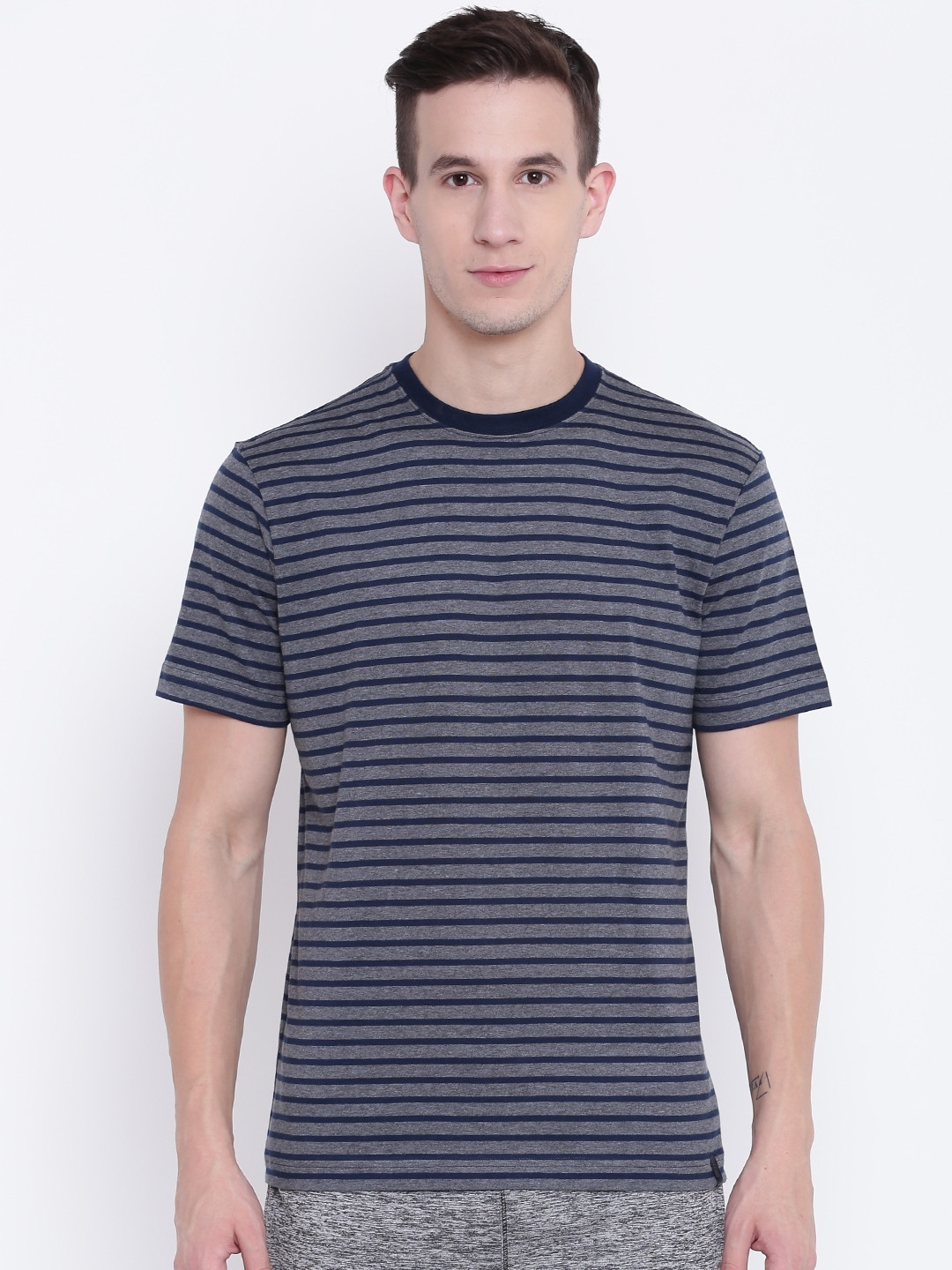 Buy Jockey Men Grey Melange Navy Striped Round Neck Pure Cotton T Shirt ...