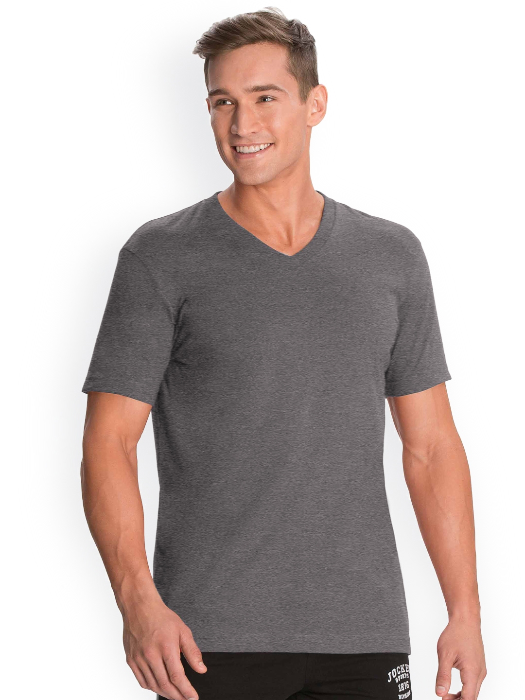 Buy Jockey Men Charcoal Grey Solid V Neck Athleisure Lounge T Shirt ...