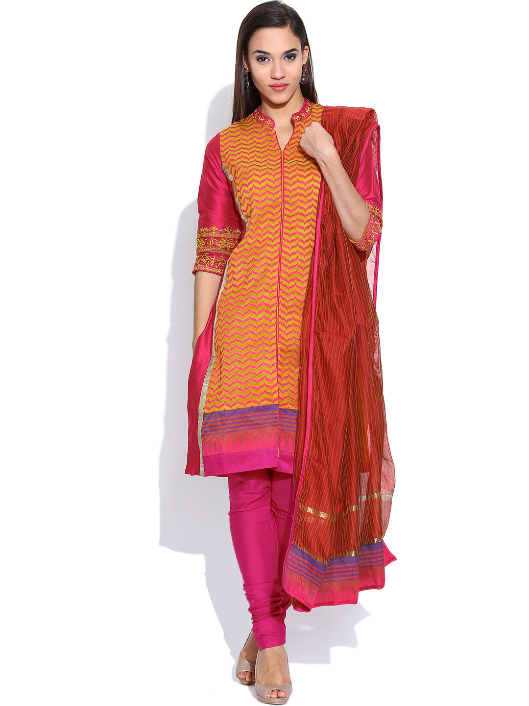 Buy Biba Pink & Yellow Printed Churidar Kurta With Dupatta Kurta Sets