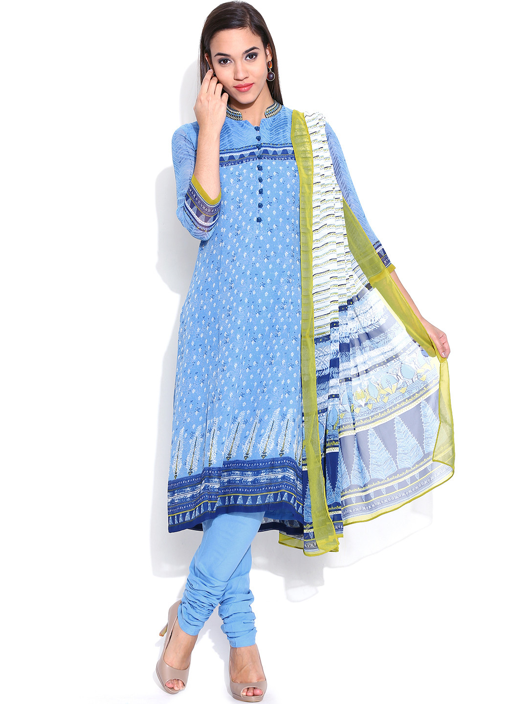 Buy BIBA Blue Printed Churidar Kurta With Dupatta Kurta Sets for