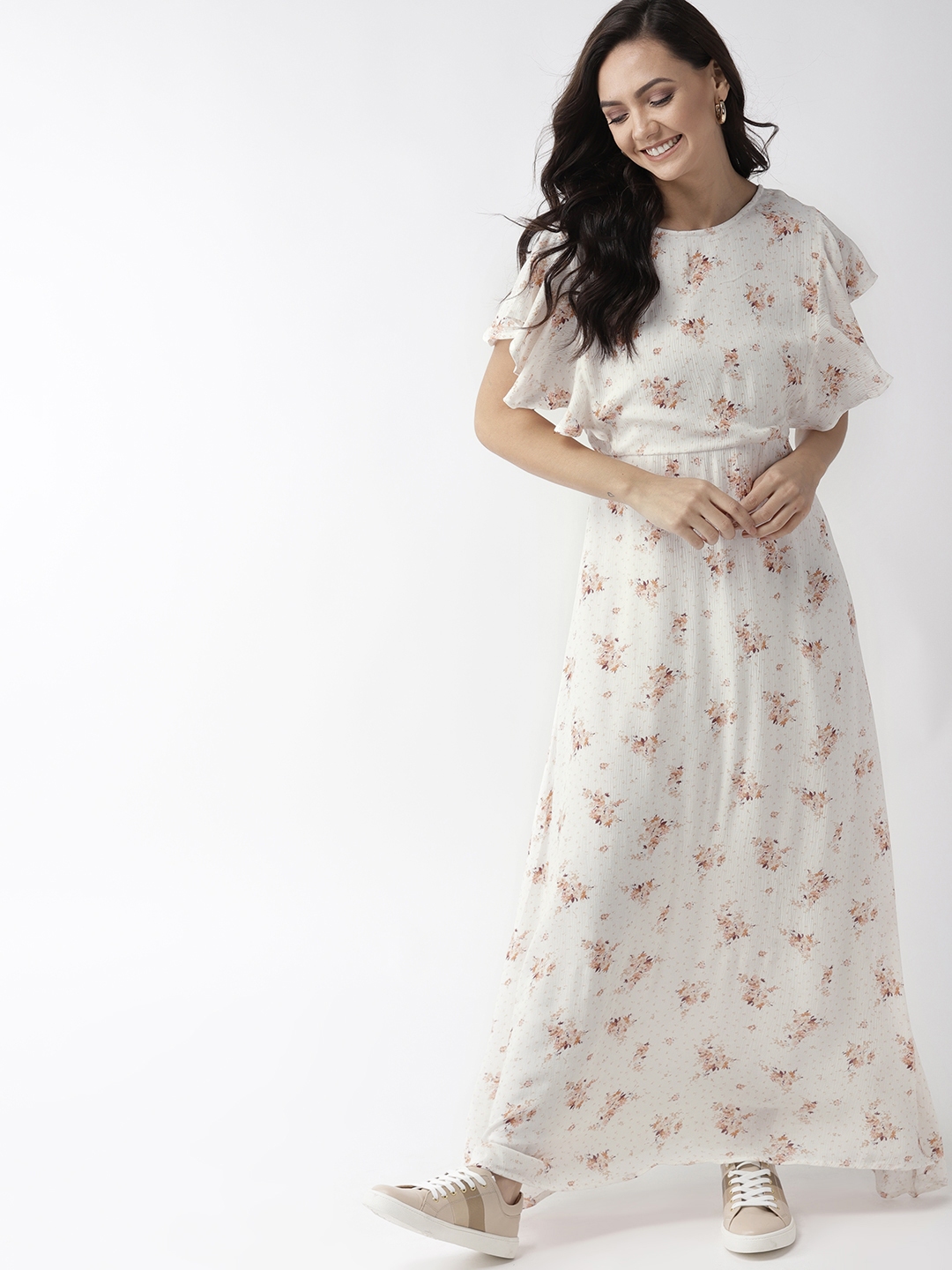 Buy Mast & Harbour Women Off White & Peach Coloured Printed Maxi Dress ...