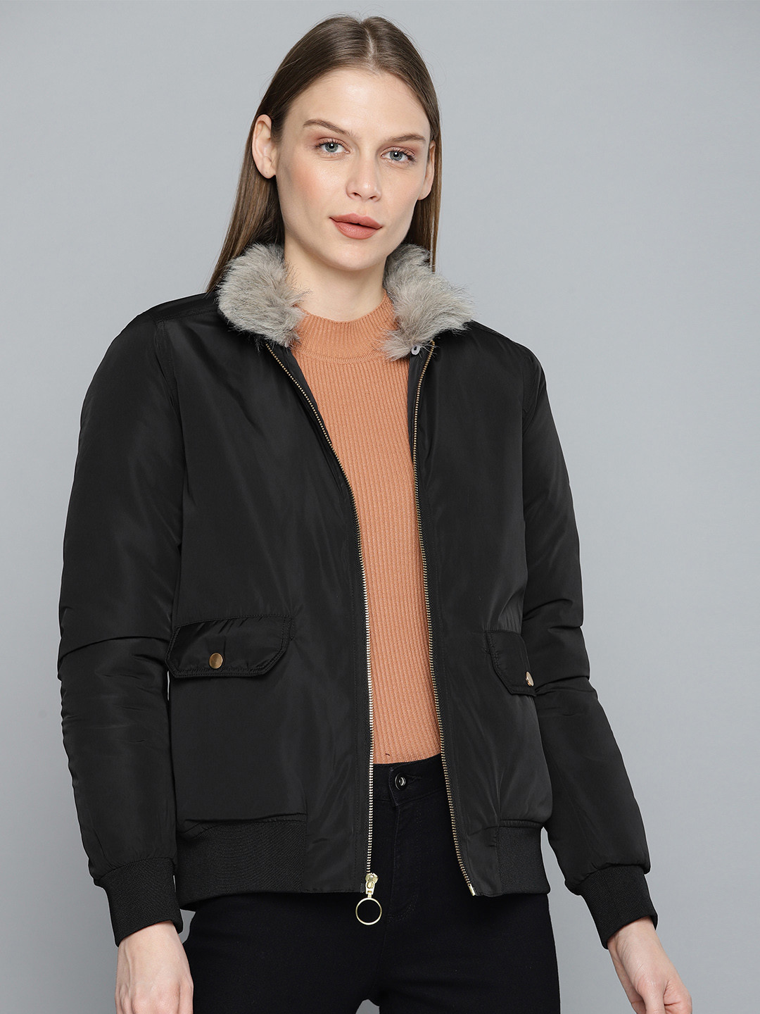 Buy Chemistry Edition Women Black Solid Bomber Jacket - Jackets for Women 9887965 | Myntra