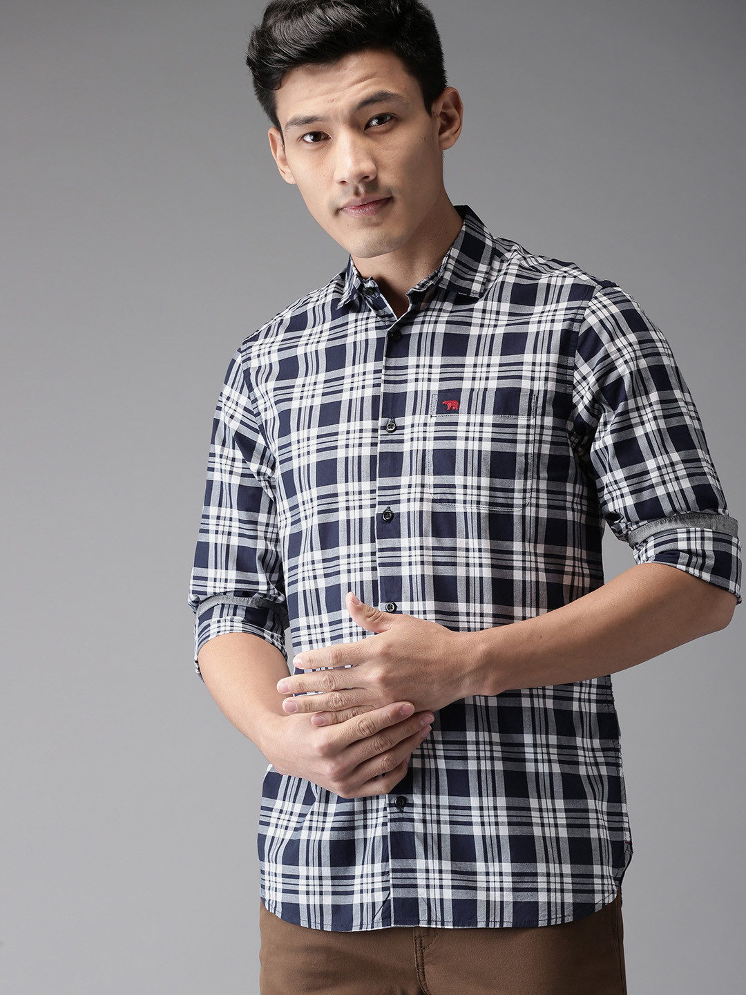 Buy THE BEAR HOUSE Men Navy Blue & White Slim Fit Printed Casual Shirt ...