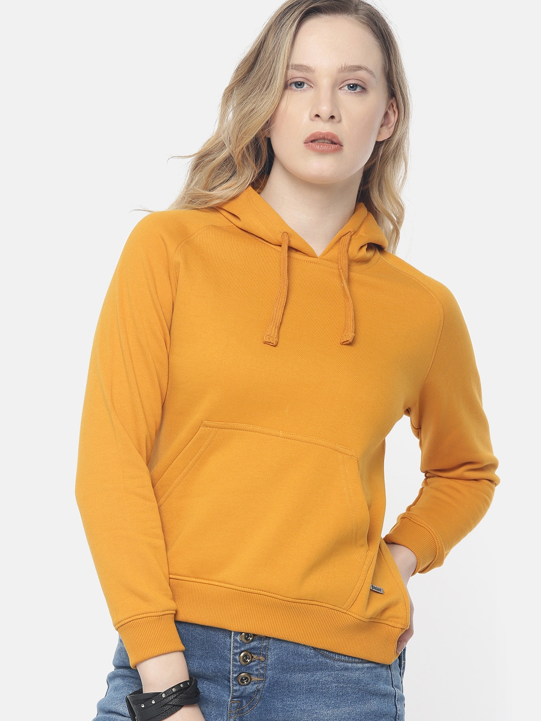 Buy The Roadster Lifestyle Co Women Mustard Yellow Solid Hooded Sweatshirt - Sweatshirts for 