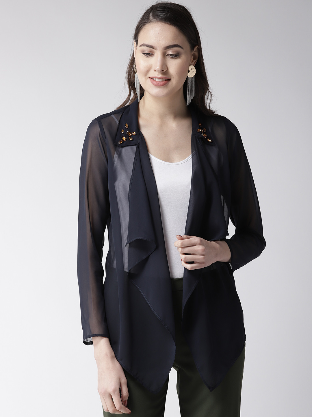 Buy QUIERO Women Navy Blue Solid Semi Sheer Open Front Shrug Shrug