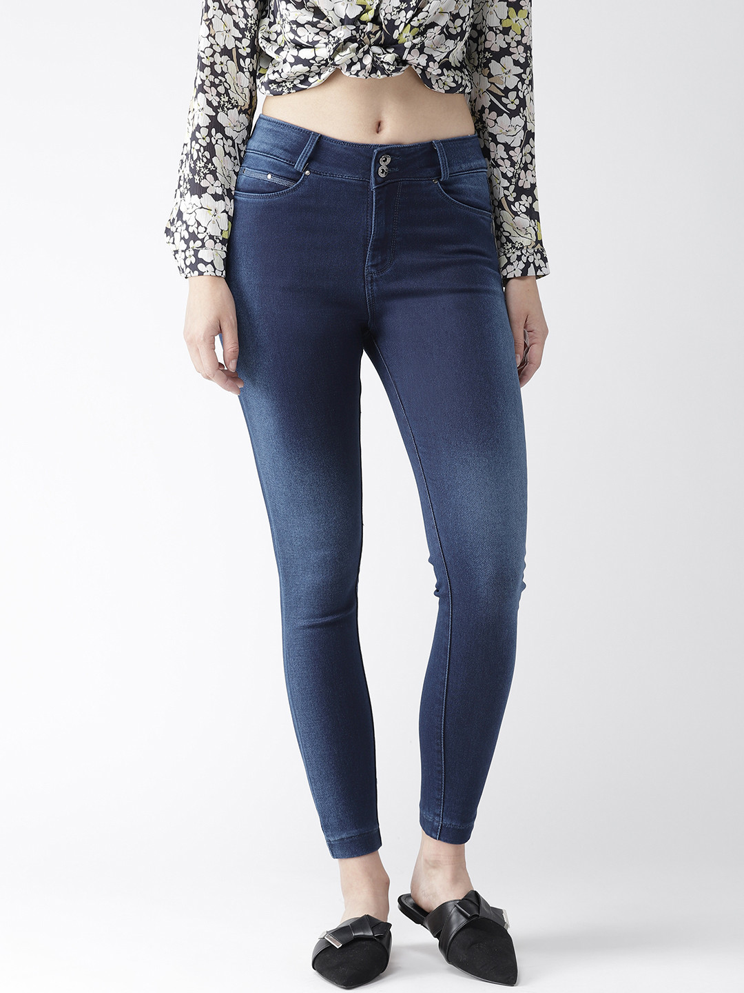 Buy Xpose Women Navy Blue Skinny Fit Clean Look Cropped Stretchable