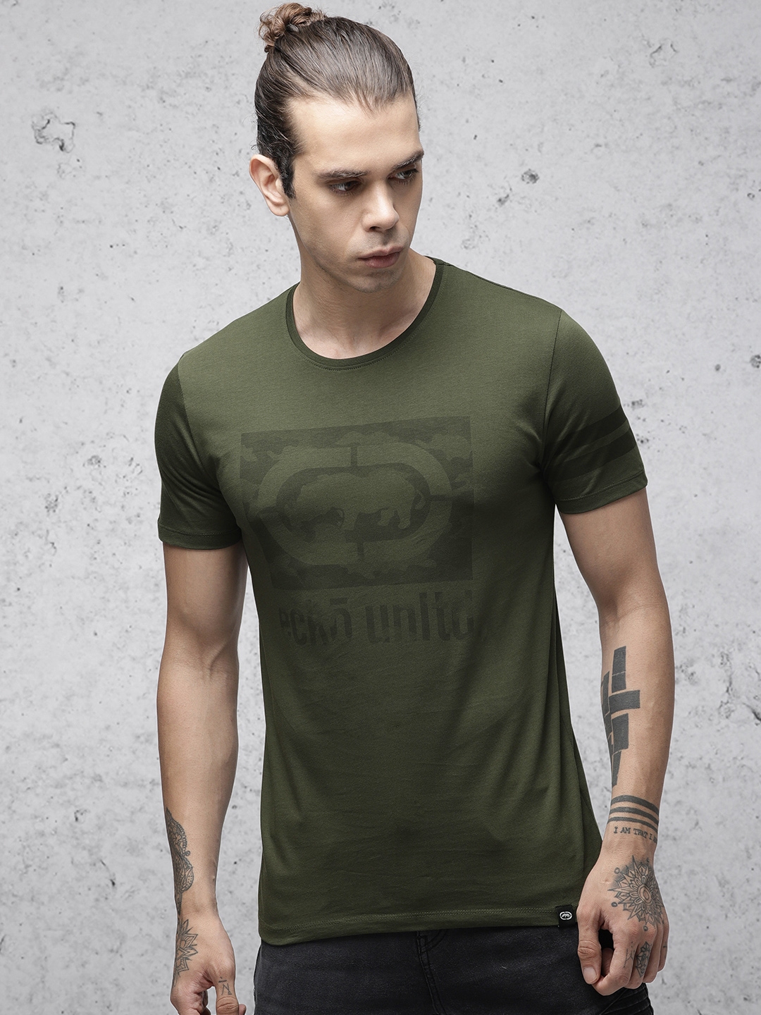 Buy Ecko Unltd Men Olive Green Printed Round Neck Pure Cotton T Shirt ...