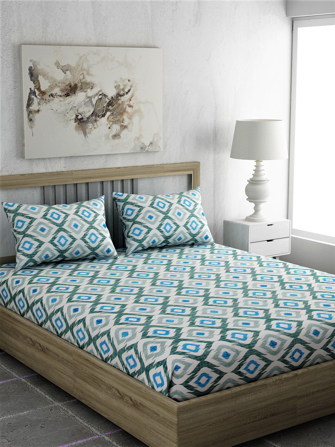 Buy EverHOME Green Ethnic Motifs 144 TC Cotton 1 Queen Bedsheet With 2