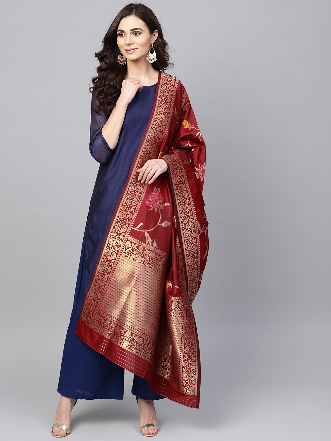 golden gown with maroon dupatta