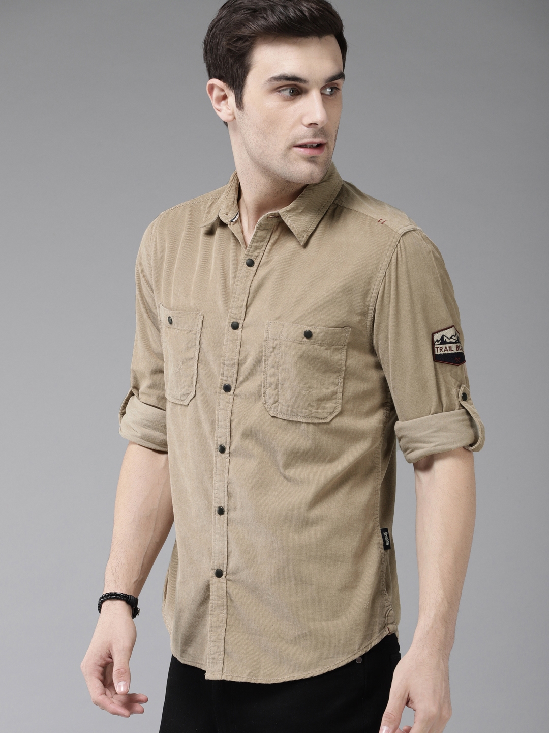 Buy The Roadster Lifestyle Co Men Beige Solid Corduroy Casual Shirt ...