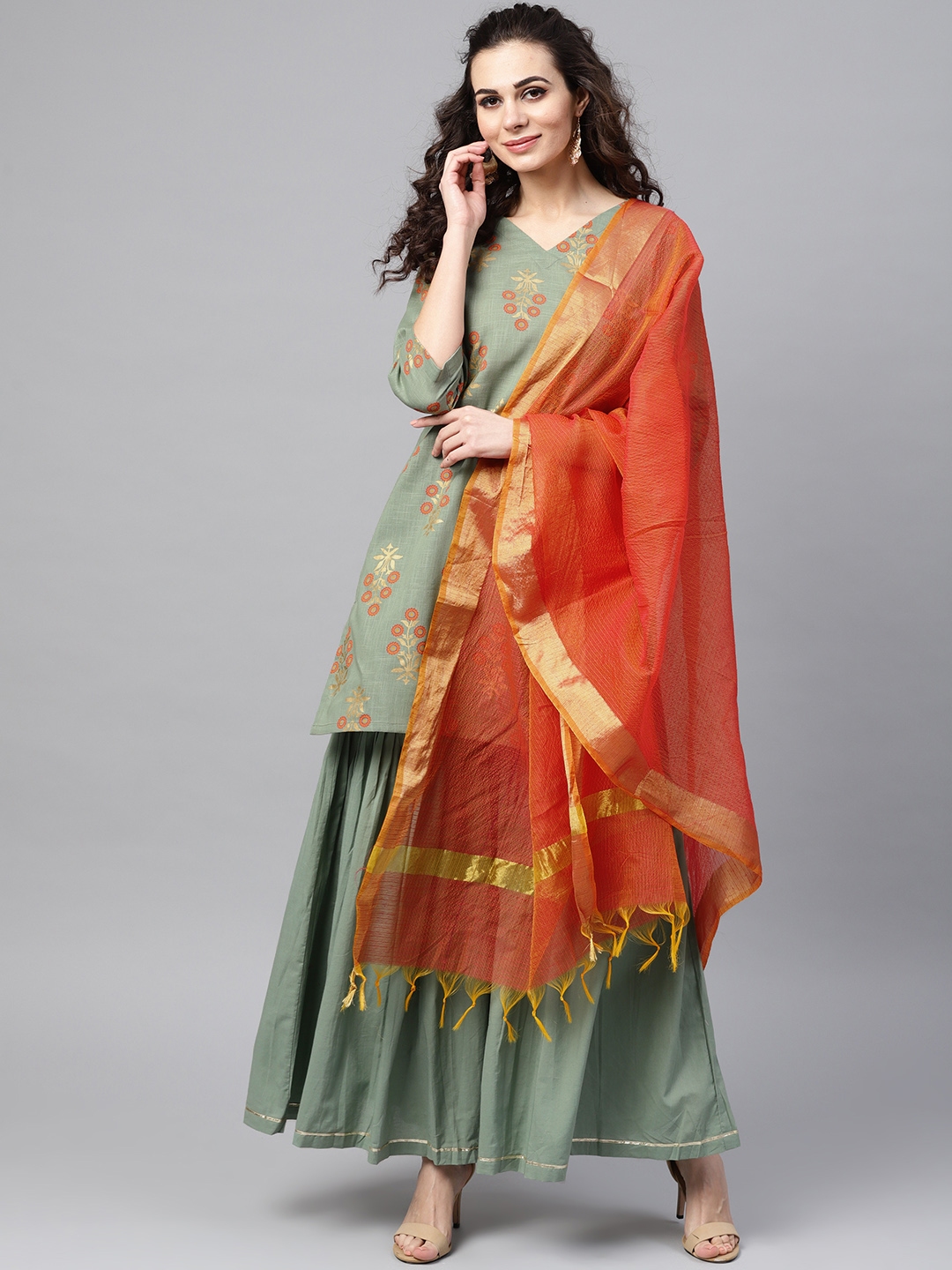 Buy Nayo Women Green & Orange Printed Kurta With Sharara & Dupatta ...