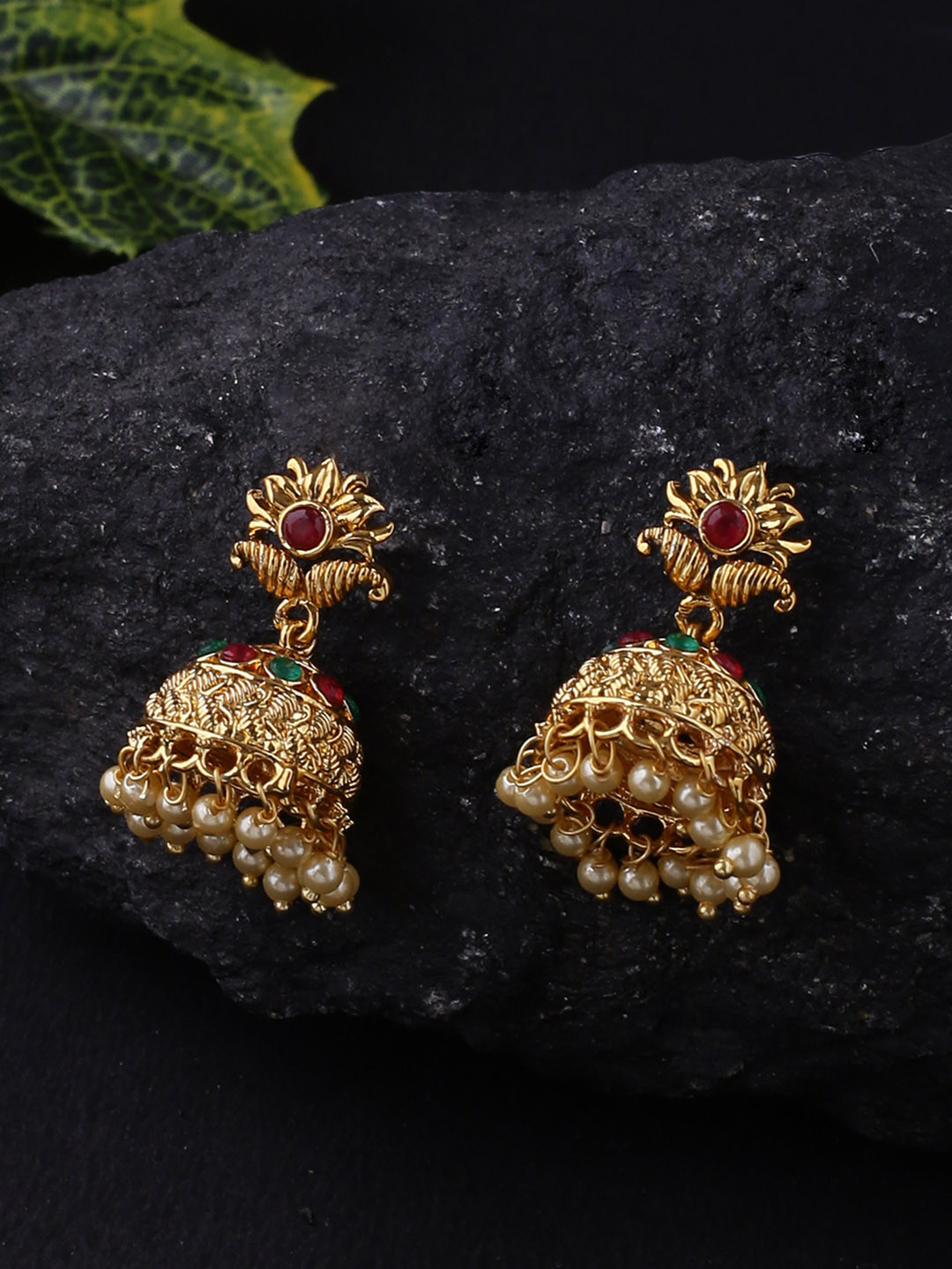 Buy Voylla Brass Plated Gold Toned Dome Shaped Jhumkas Earrings for