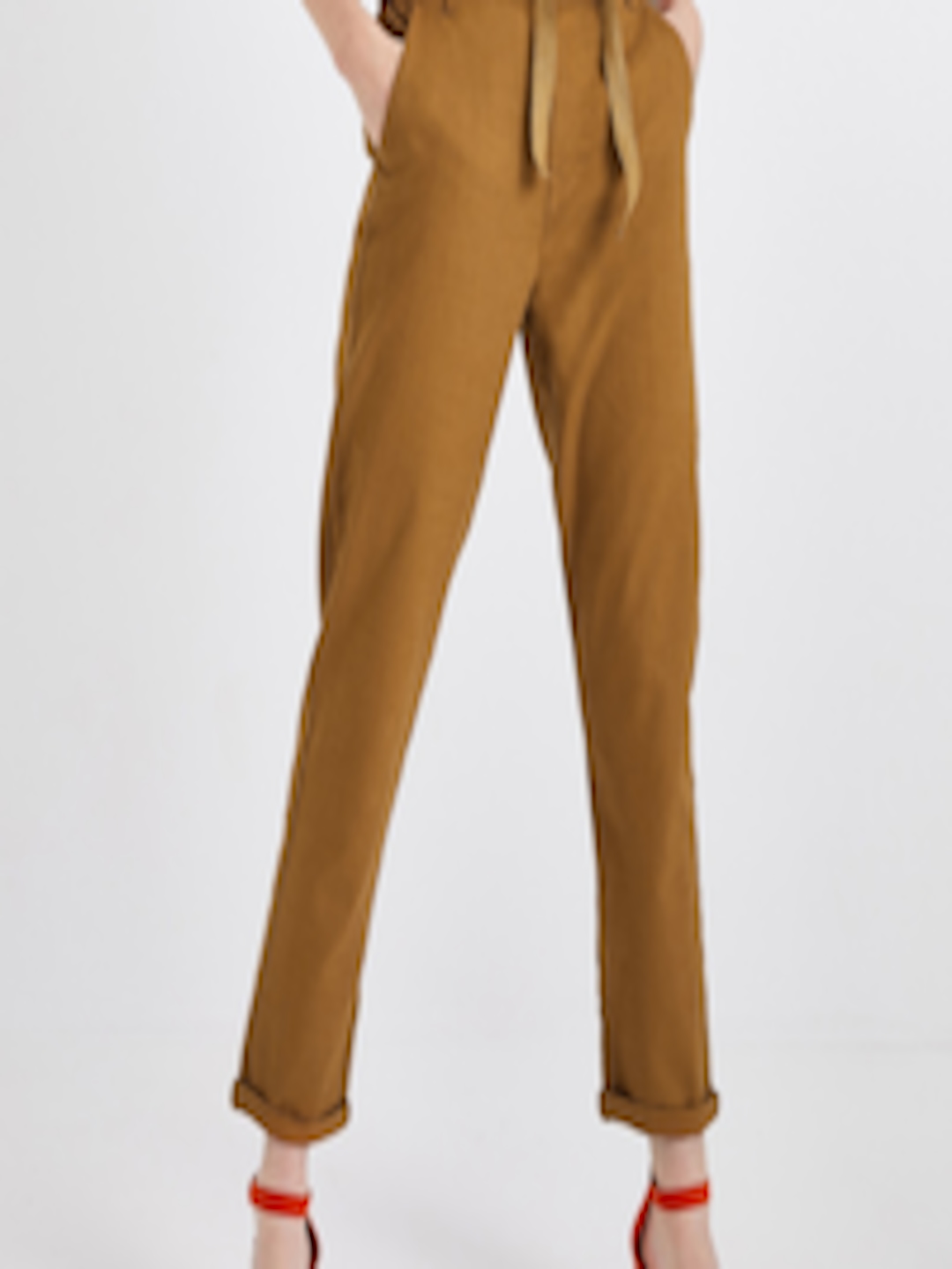 Buy Promod Women Camel Brown Regular Fit Solid Cropped Regular Trousers ...