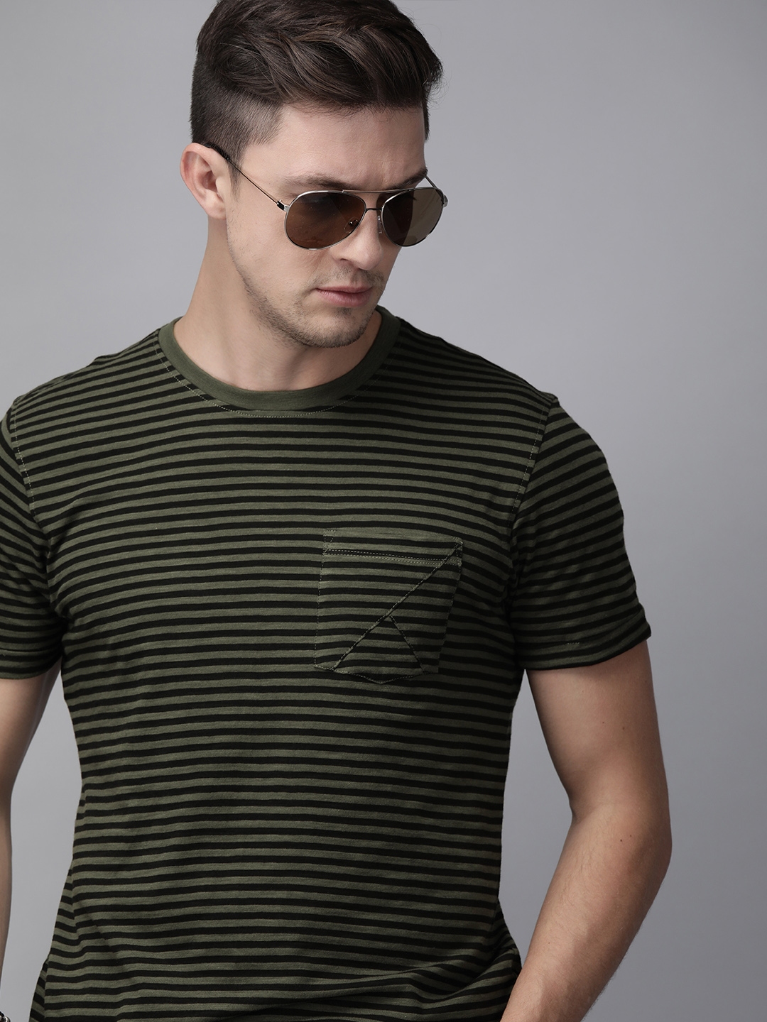 Buy The Roadster Lifestyle Co Men Olive Black Green Striped Round Neck ...