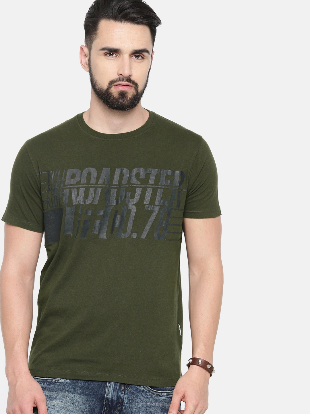 Buy The Roadster Lifestyle Co Men Olive Green Printed Round Neck Pure ...