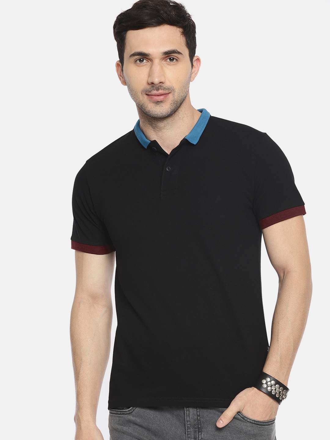 Buy The Roadster Lifestyle Co Men Black Solid Polo Collar Pure Cotton T ...