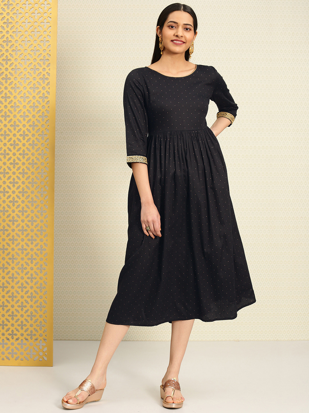 Buy House Of Pataudi Women Black & Golden Printed A Line Dress