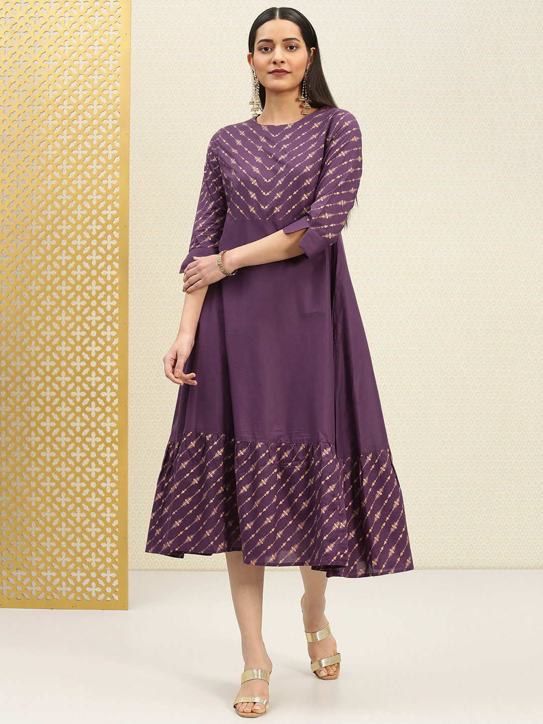 Buy House Of Pataudi Women Purple & Golden Printed A Line Dress