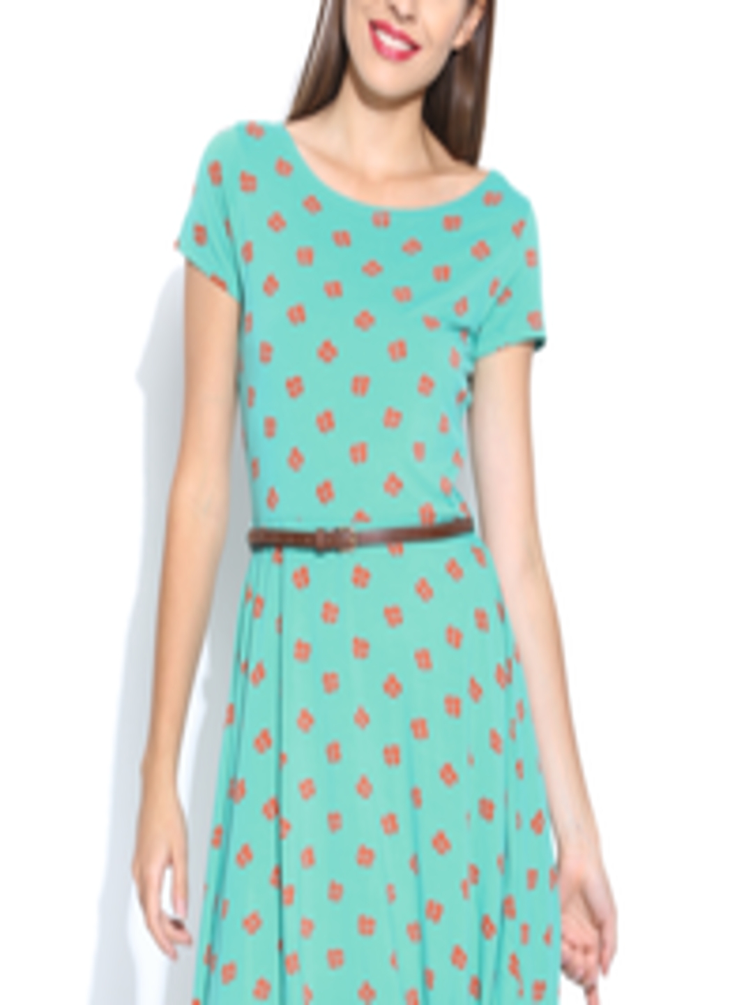 Buy United Colors Of Benetton Sea Green Printed Fit & Flare Dress ...