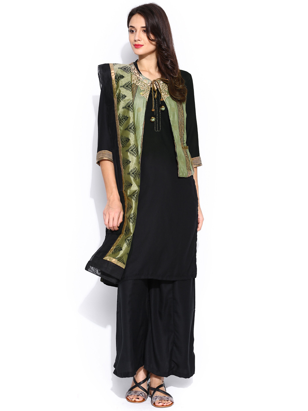 Buy BIBA Black Kurta With Palazzo Trousers, Jacket & Dupatta Kurta