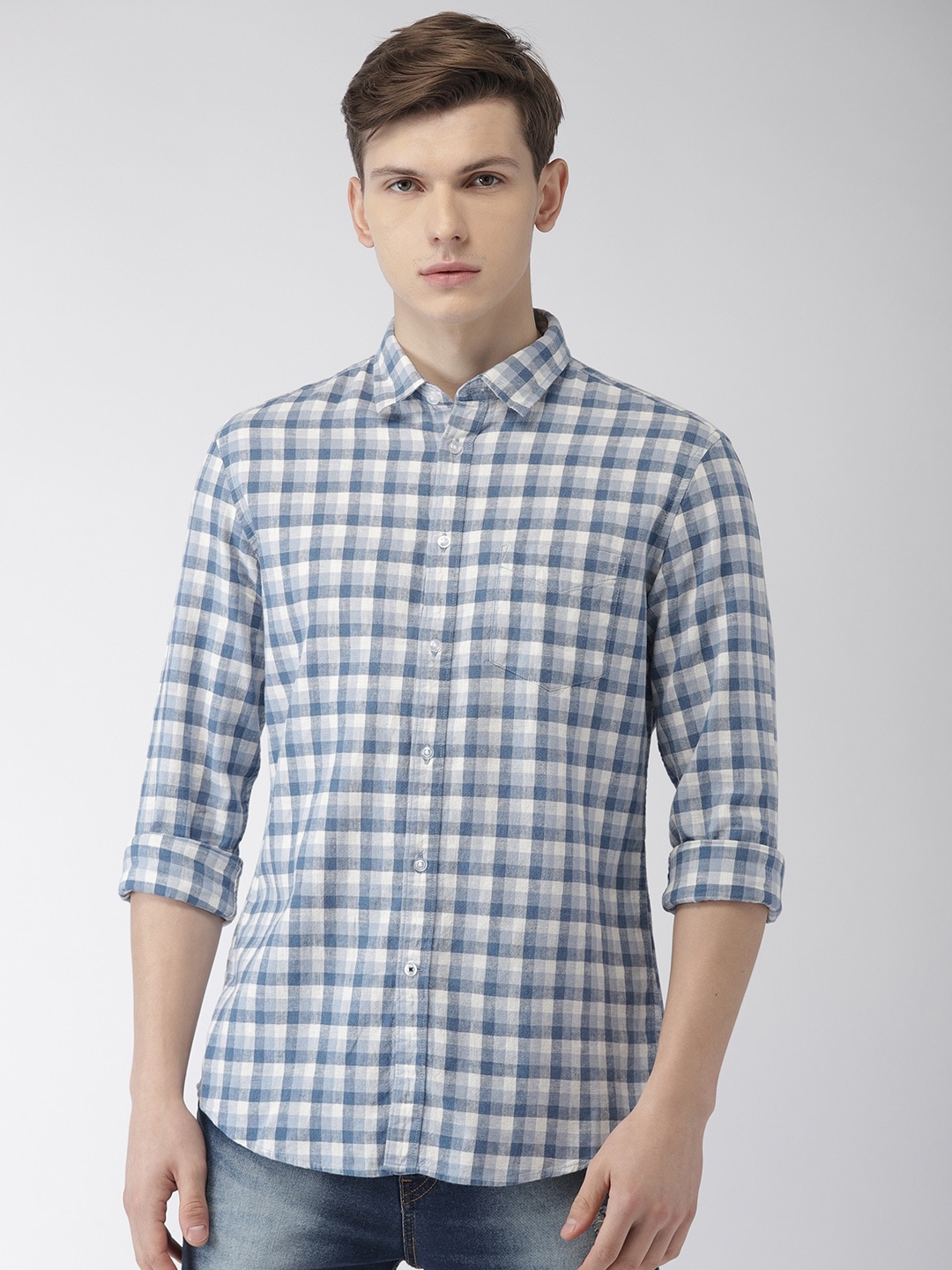 Buy Celio Men Blue & White Checked Casual Sustainable Shirt - Shirts ...