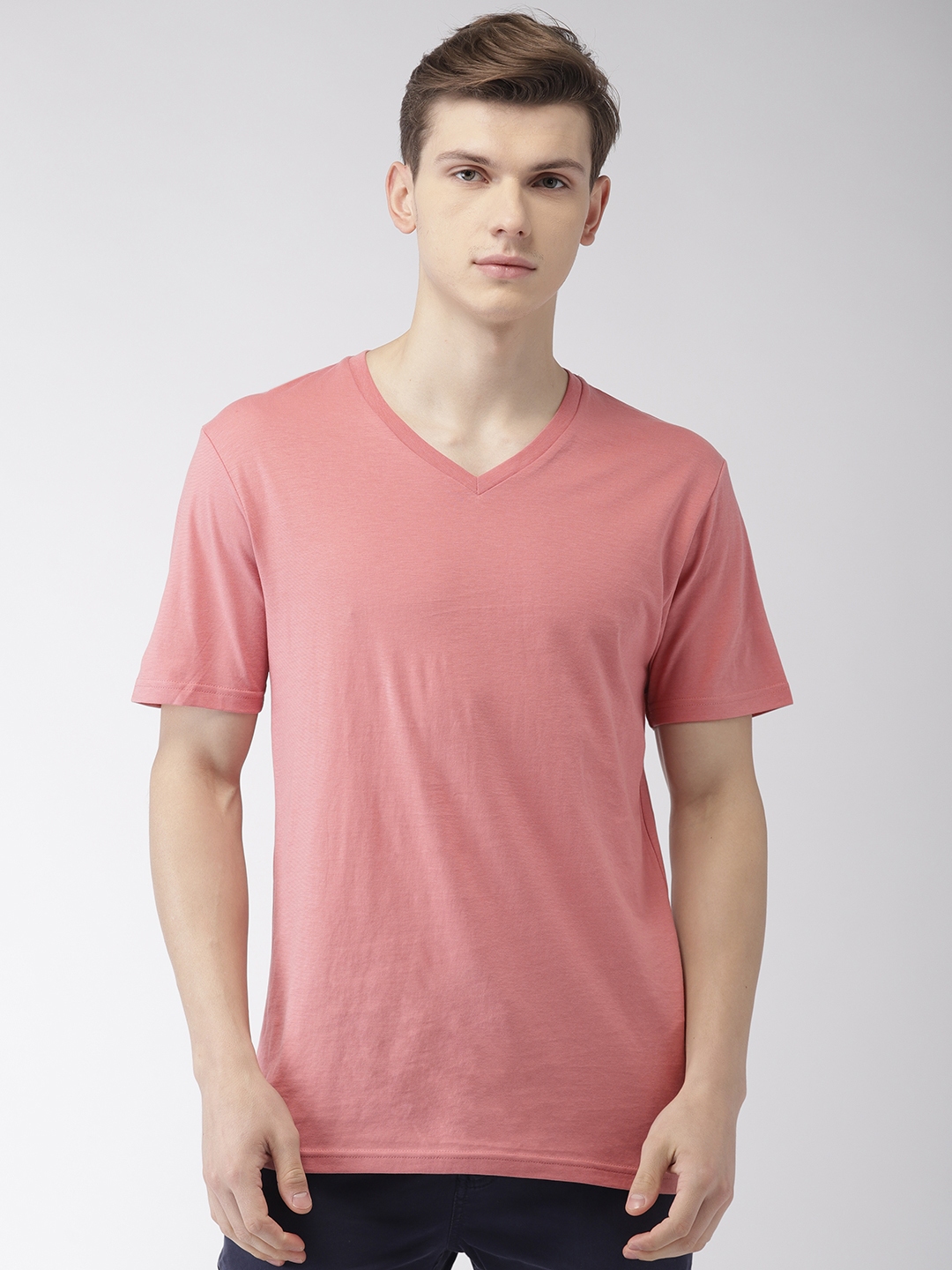 Buy Celio Men Pink Solid V Neck Pure Cotton T Shirt - Tshirts for Men ...