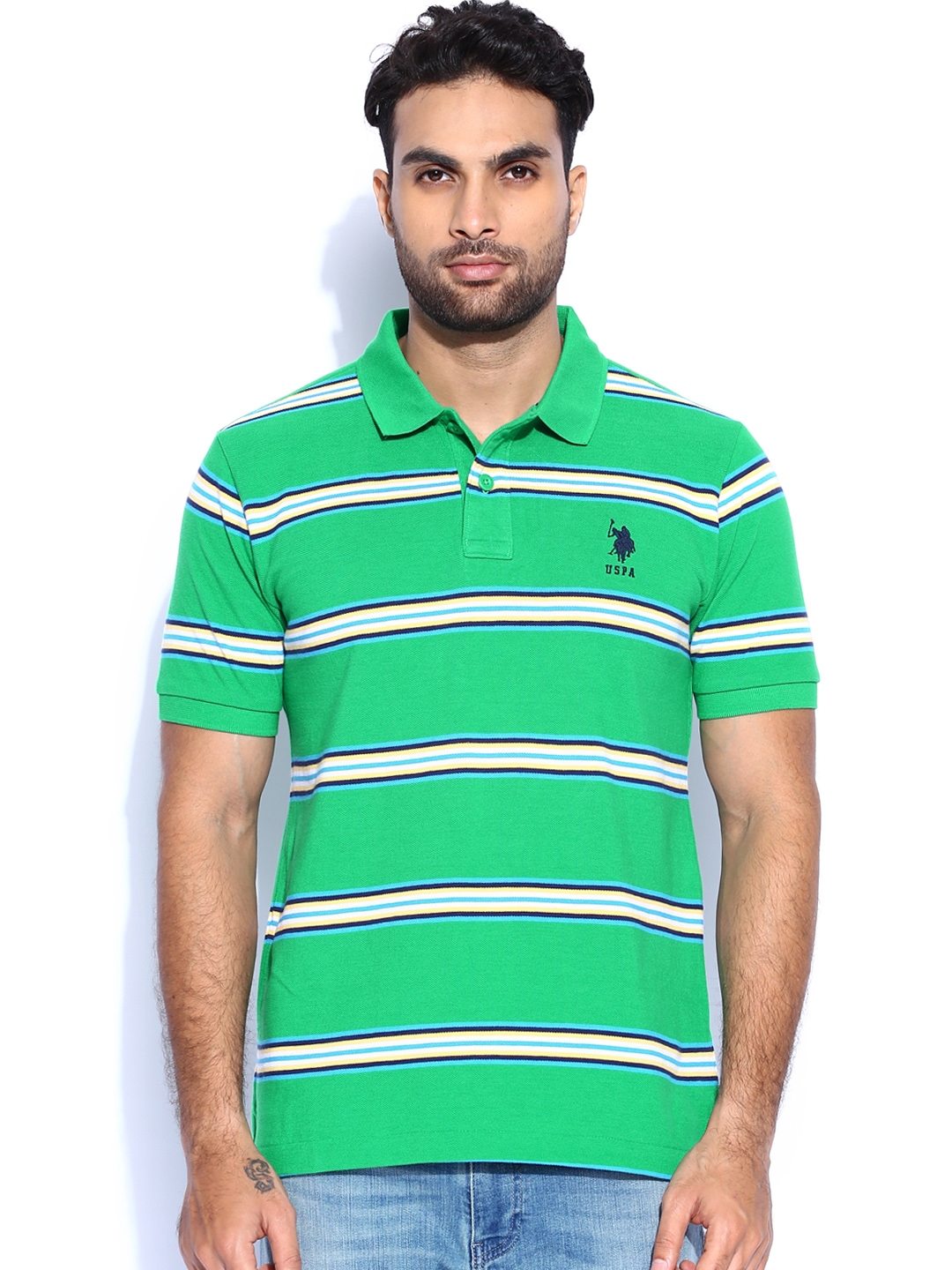 Buy U.S. Polo Assn. Green Blue Striped Polo Pure Cotton T Shirt ...